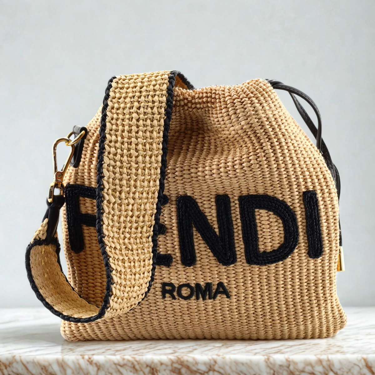 FENDI SACK KLEINER GEWEBTER STROHBEUTEL IN BEIGE