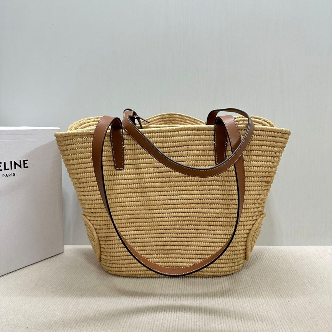 CELINE CLASSIC KLEINER KORB MIT GEWEBTEM TRIOMPHE AUS BAST UND KALBSLEDER