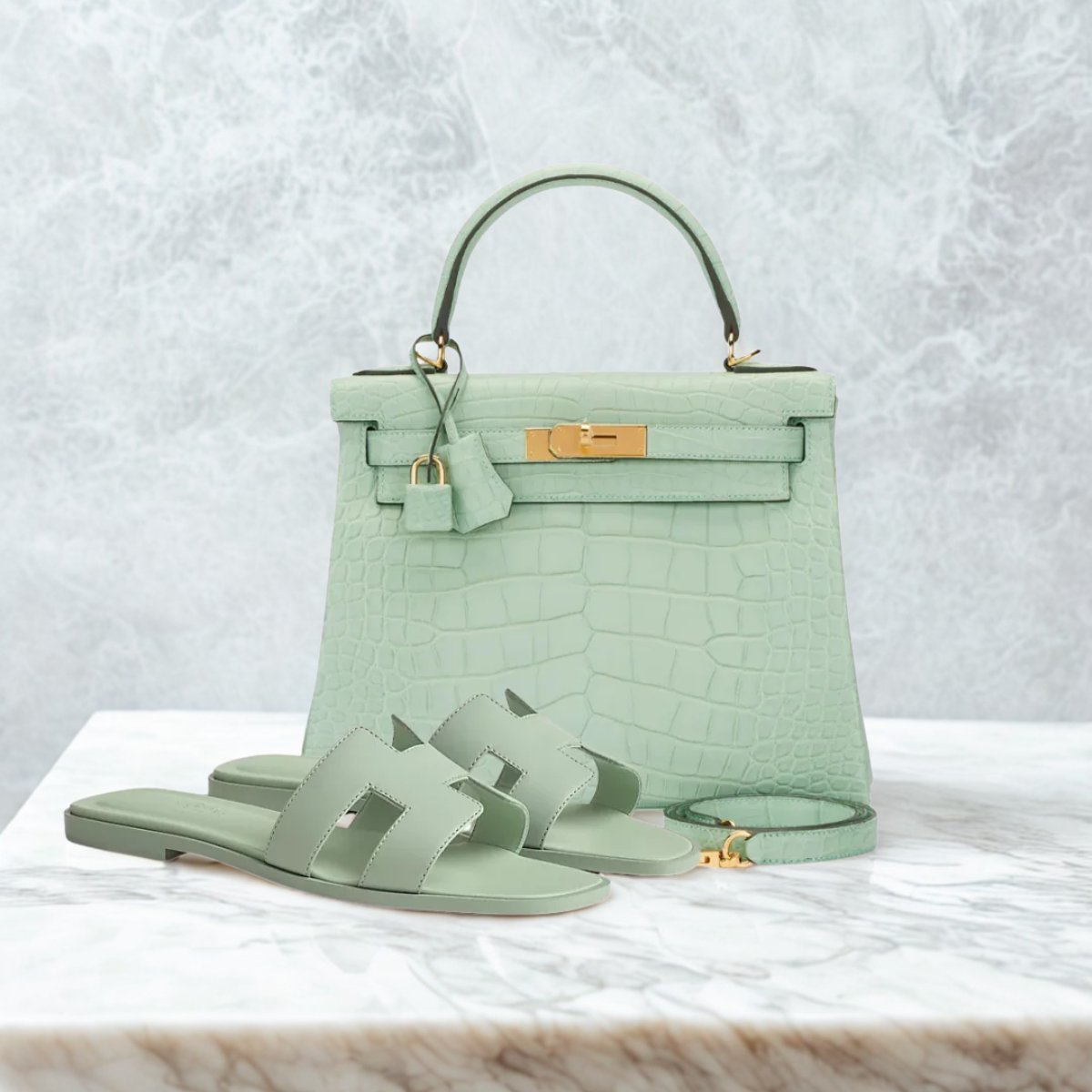 HERMÈS SET – KELLY 28 VERT D'EAU ALLIGATOR LIMITED EDITION & ORAN SANDALEN GRÜN