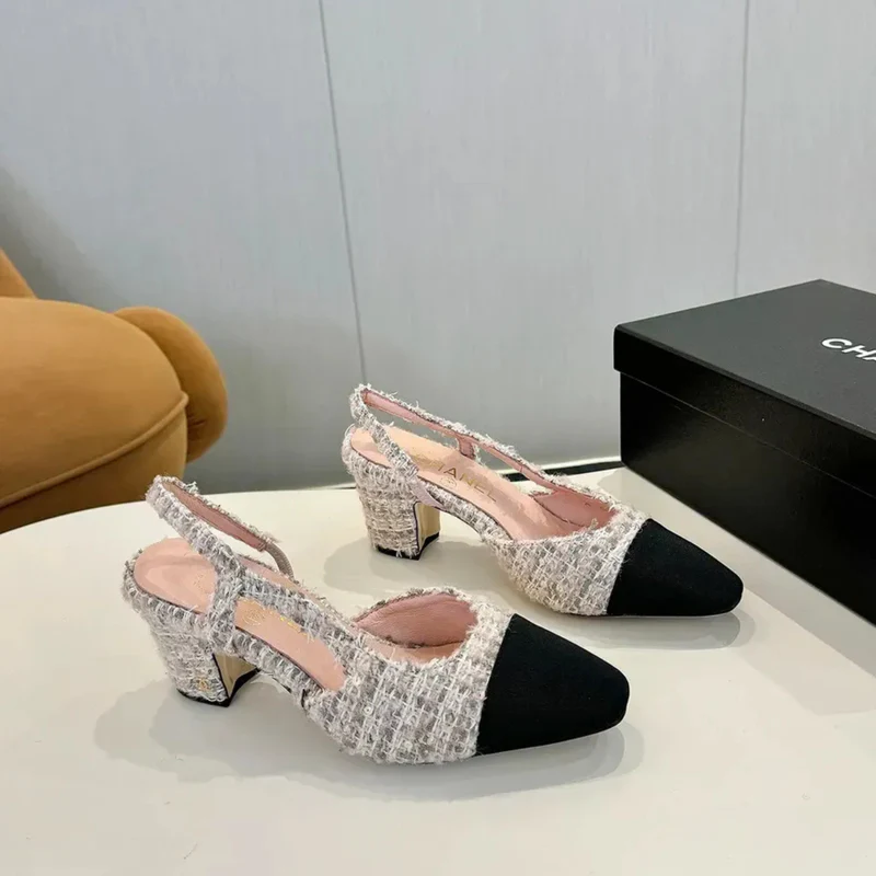 CHANEL SLINGBACK TWEED ROSA/WEISS MIT SCHWARZER KAPPE