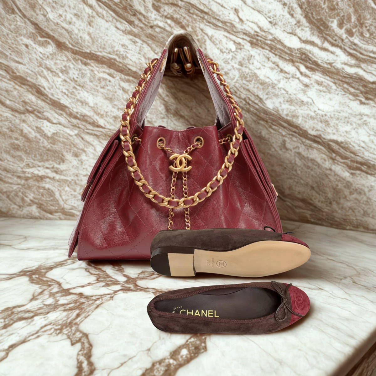 CHANEL 25 BORDEAUX KAVIAR & BALLERINA FLATS SET